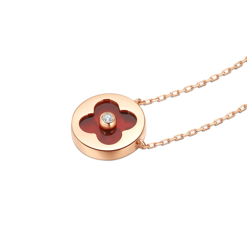 18k金(jīn)吉利鑽石紅(hóng)瑪瑙孔雀石小清新圓牌吊墜項鏈套鏈正品