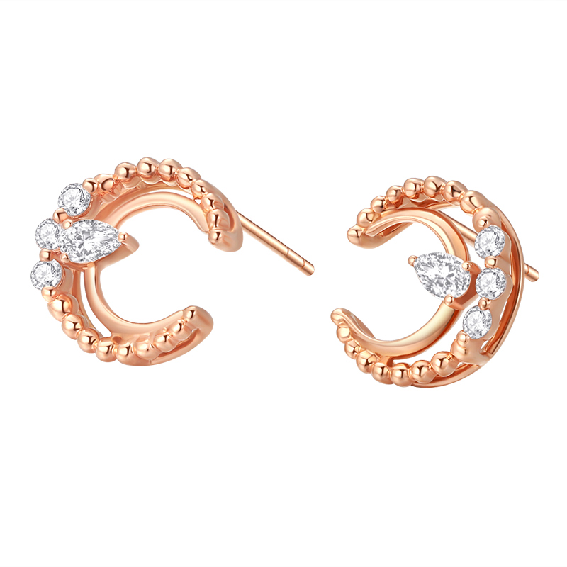 18K玫瑰金(jīn)月牙鑽石耳釘時(shí)尚馬眼鑽石百搭耳飾小清新女(nǚ)款耳勾送禮