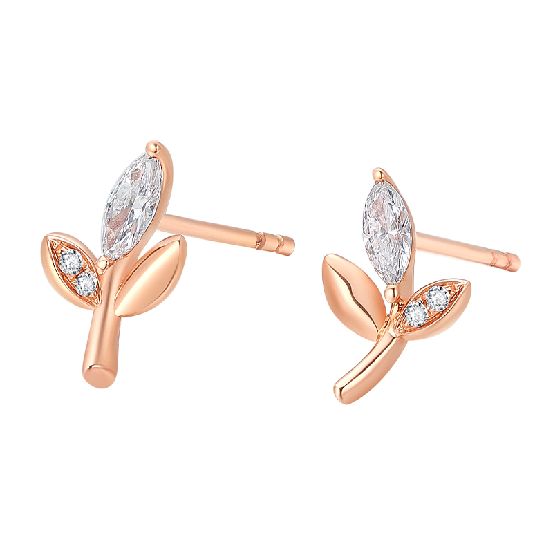 18K玫瑰金(jīn)樹(shù)葉鑽石耳釘潮流百搭耳飾時(shí)尚小清新女(nǚ)款耳釘送閨蜜