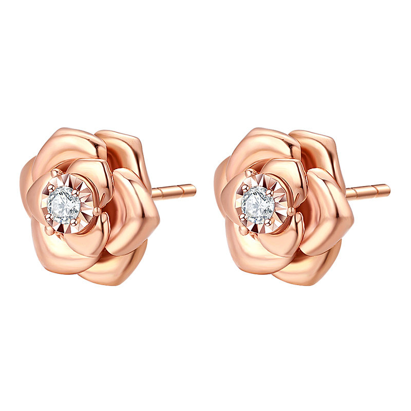 18K玫瑰金(jīn)玫瑰花鑽石耳釘花苞百搭耳飾小清新女(nǚ)款耳飾自(zì)用送閨蜜